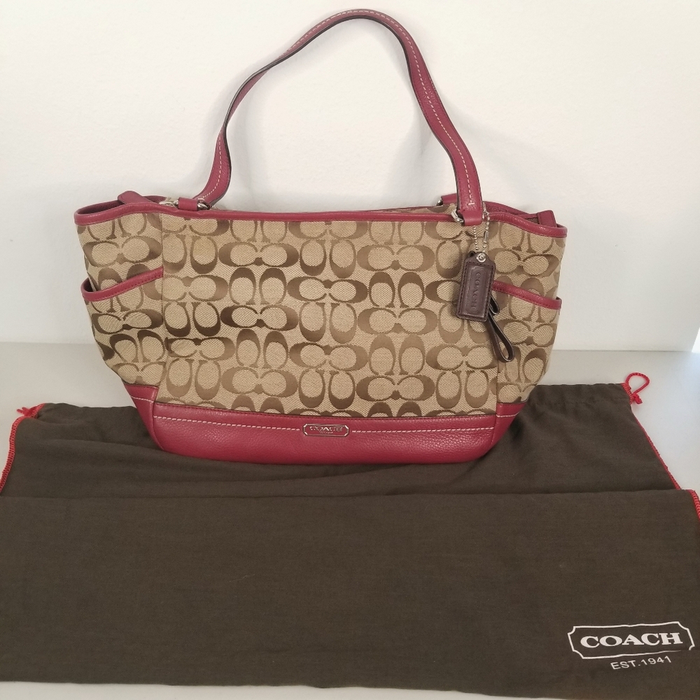 Coach Tote Handbag Park Signature Carrie F23297 Large Khaki Purple Leather